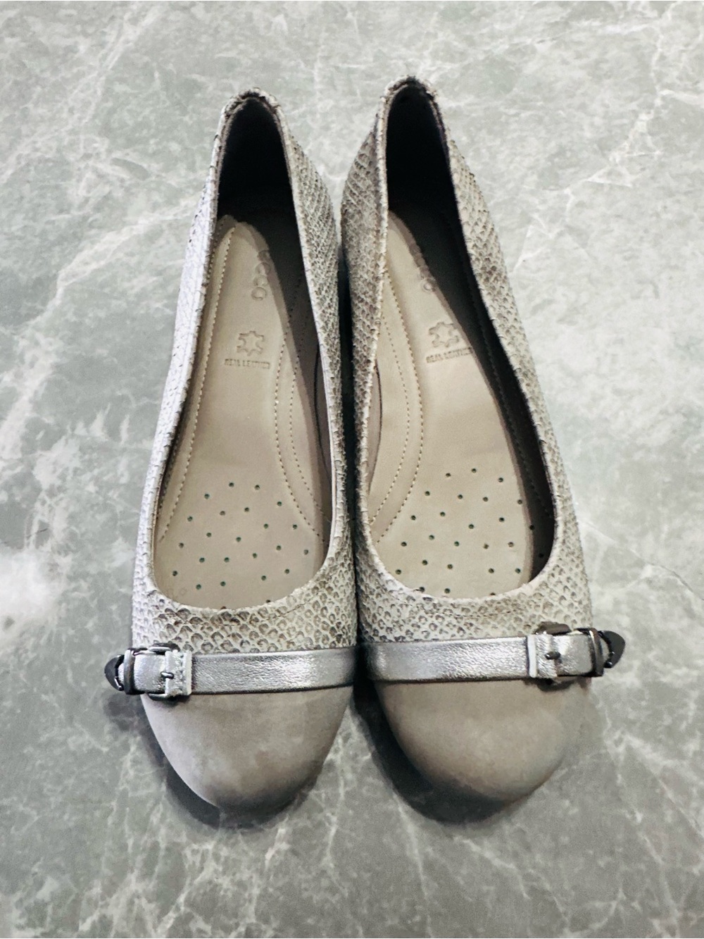 Ecco Metallic Taupe and Stone Ballet Flats with Buckle 6.5